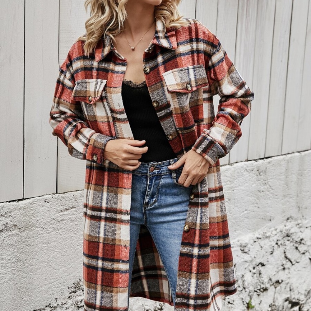 Comfy pink Plaid Button up Oversized Jacket Shacket - Picture 5 of 13